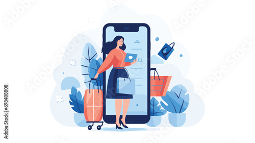  online shopping concept woman chooses buys products online mobile application store. Vector illustration 