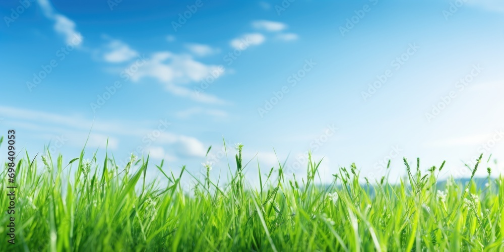 Fototapeta premium Green grass on blue clear sky, spring nature theme. Panorama landscape