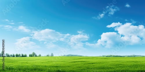 Green grass on blue clear sky, spring nature theme. Panorama landscape
