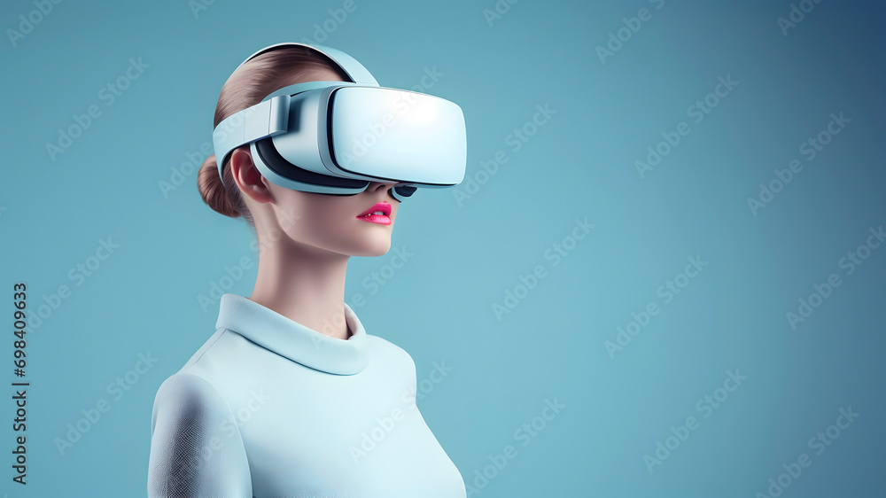 Young woman wearing a mixed reality headset and experiencing simulation, metaverse and cyberspace. Young woman wearing a mixed reality headset and experiencing simulation, metaverse and cyberspace.