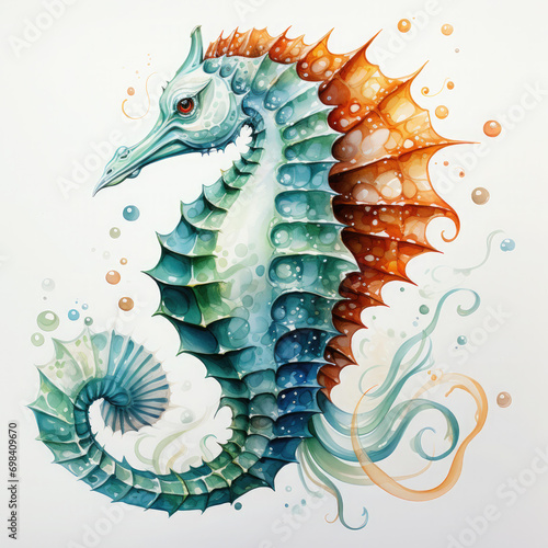 Watercolor Seahorse Illustration, Generative Ai photo