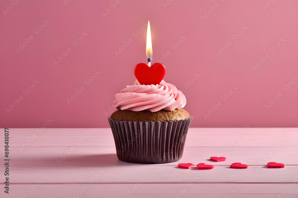 Pretty cupcake with heart-shaped candle. Generative AI Pretty cupcake with heart-shaped candle. Generative AI