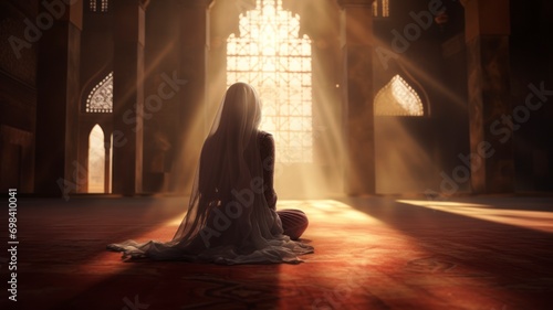 Islamic concept photo. Muslim Woman praying in the mosque and sunlight rays with haze in the morning. Ramadan or kandil or laylat al-qadr or kadir gecesi background photo. copyspace - generative ai