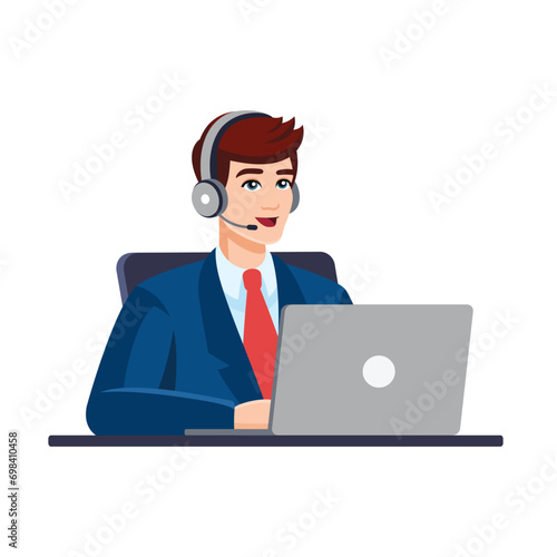 Man wearing formal suit with computer, headset. Concept illustration for support, assistance, call center, bank. Call center Operator, consultant, Manager. Vector illustration in flat style