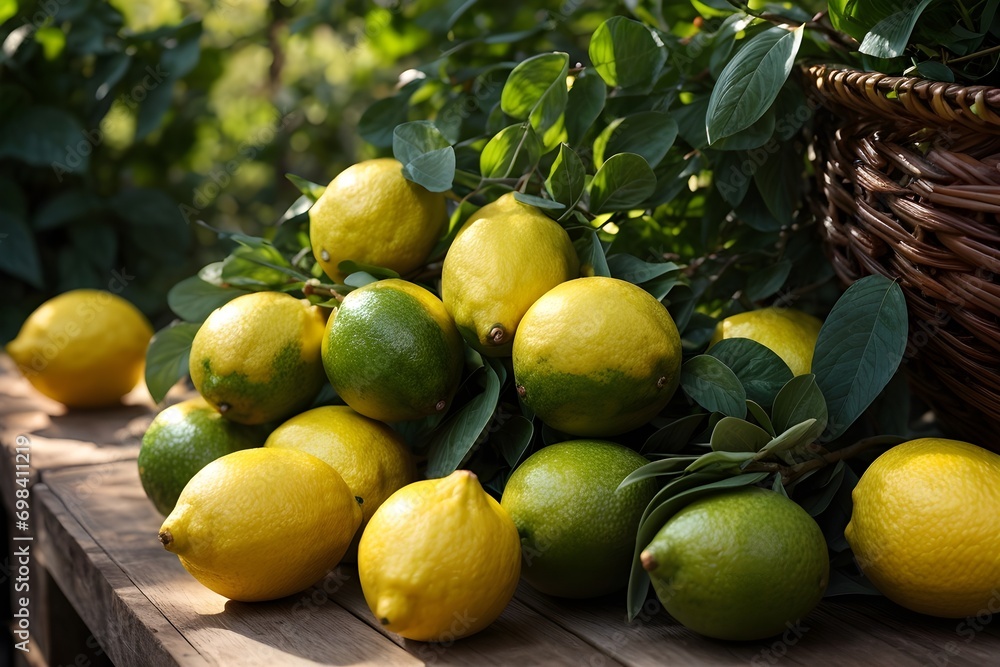 An exquisite and mouth-watering tableau of plump and ripe lemons, their velvety skin radiating with a warm and inviting glow, set against a backdrop of lush green foliage.