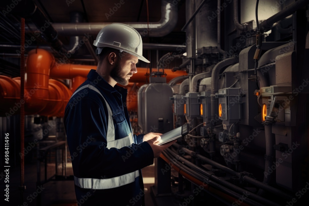The technician checking the heating system in the boiler room with tablet in hand. - obrazy, fototapety, plakaty 