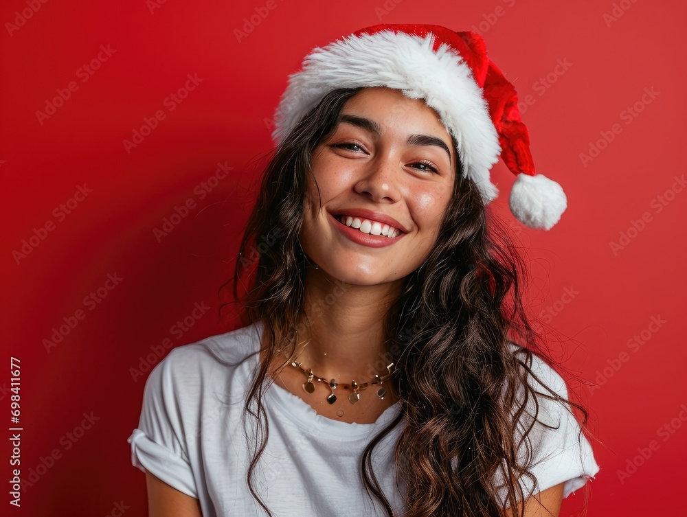 happy smiling beauty girl with Santa hat in Christmas background happy smiling beauty girl with Santa hat in Christmas background