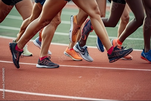 group female athletes run 800meter race athletics competition, everyone has Nike spikes shoes, summer sports games photo