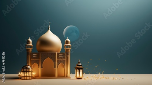 islamic decoration background with luxury style of lantern and crescent moon, ramadan kareem, mawlid, iftar, isra miraj, eid al fitr adha, muharram, copy space text area - generative ai