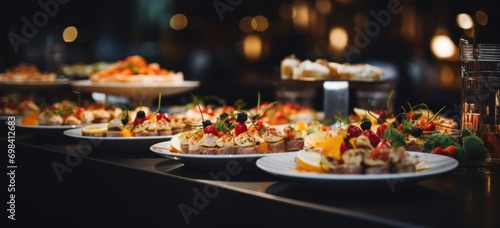Gourmet appetizers on elegant dining table at event. Catering and cuisine.