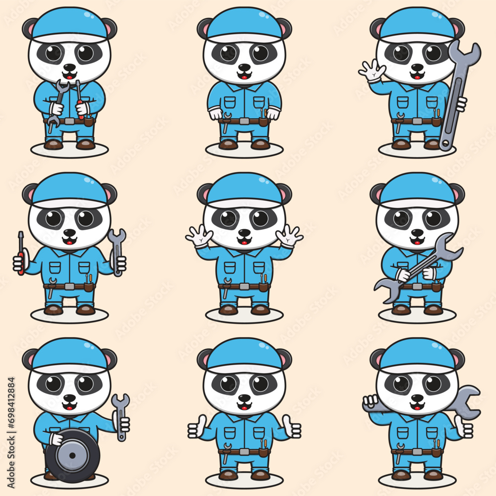 Mascot cartoon of cute Panda wearing mechanic uniform and cap. Cute Panda illustration. Character animal. Mechanic cartoon set. Vector illustration in isolated background. Mascot cartoon of cute Panda wearing mechanic uniform and cap. Cute Panda illustration. Character animal. Mechanic cartoon set. Vector illustration in isolated background.