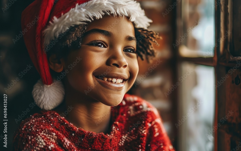 Happy African American kid wearing Santa hat in Christmas background