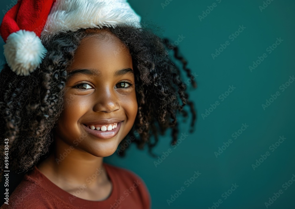 Happy African American kid wearing Santa hat in Christmas background Happy African American kid wearing Santa hat in Christmas background