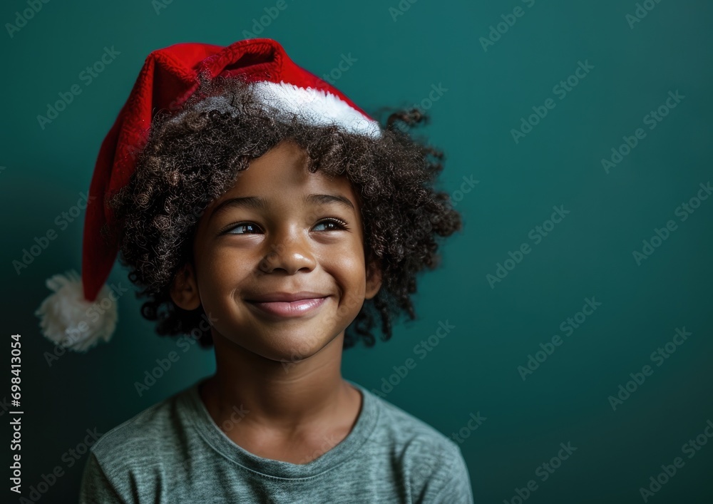 Happy African American kid wearing Santa hat in Christmas background Happy African American kid wearing Santa hat in Christmas background