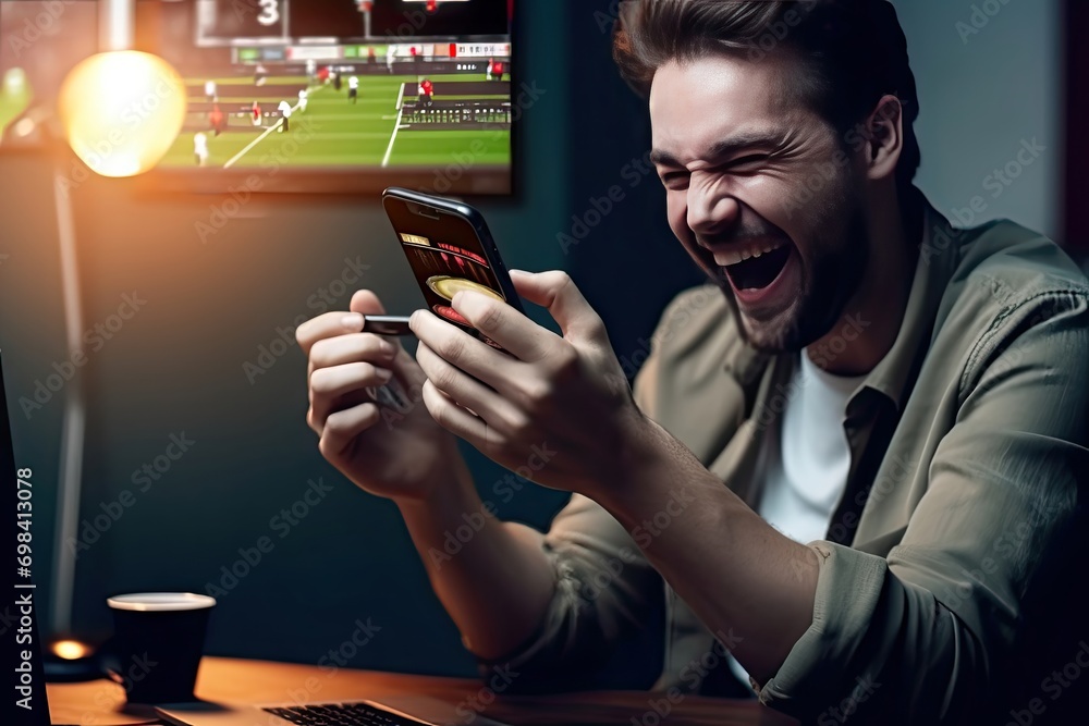 Guy being happy winning bet online sport gambling application mobile phone - obrazy, fototapety, plakaty 