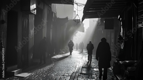 Black and white street scene somewhere deep in the old medina of Marrakesh. Early morning. Twilight. Mist. generative AI