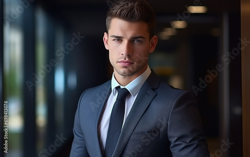 Young successful businessman standing at office