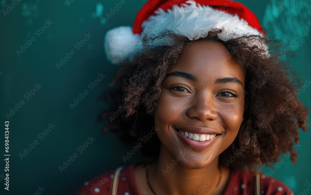 Happy African American girl wearing Santa hat in Christmas background Happy African American girl wearing Santa hat in Christmas background