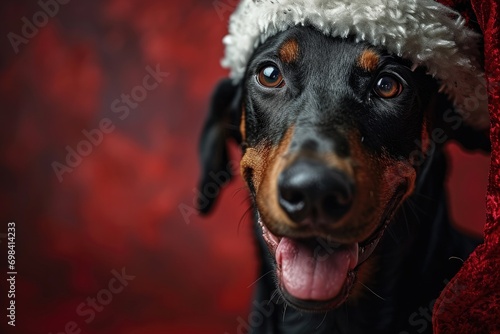 Doberman Pinscher smiling wearing a Christmas hat, portrait