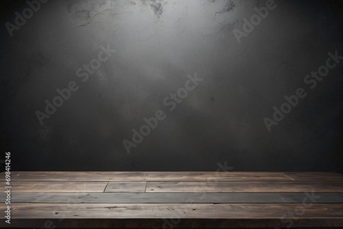 Empty dark wooden tabletop on old gray concrete plaster background