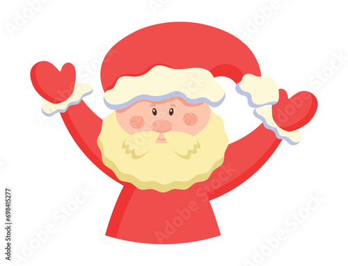 Santa Claus wishes you a Merry Christmas and a Happy New Year. Cartoon character, vector. Prit, textiles, poster. Different emotions of happiness.
 Background. photo