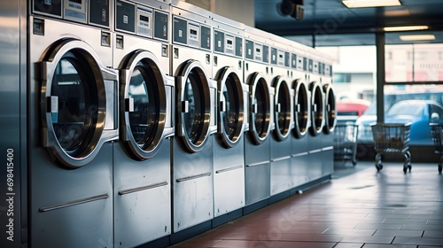 Line of industrial washing machines in a clean, well-lit laundromat.