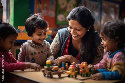 Indian children playing with toys in a kindergarten photo