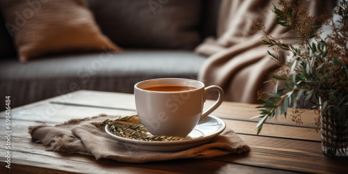 Cozy Tea Time on Wooden Table with Plush Sofa Background