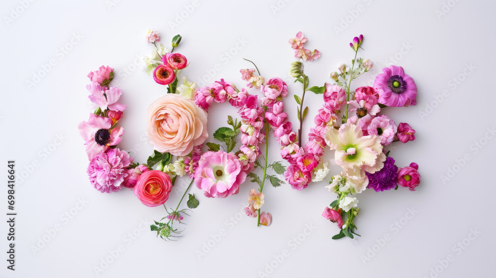 LOVE made with fresh colorful blossom spring flowers on light background. Valentine's day nature concept