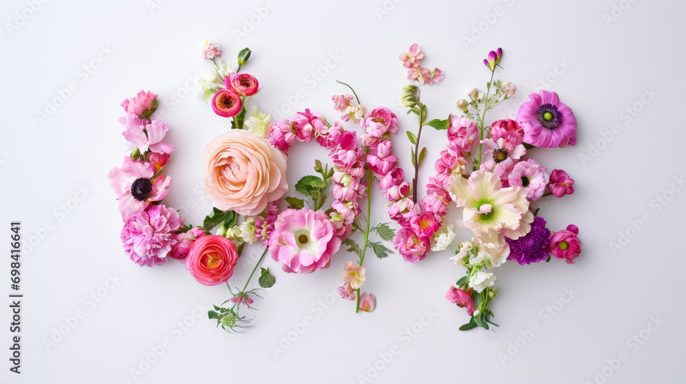 LOVE made with fresh colorful blossom spring flowers on light background. Valentine's day nature concept LOVE made with fresh colorful blossom spring flowers on light background. Valentine's day nature concept