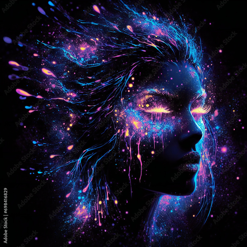 portrait of a cosmic goddess of water splashes neon galaxies