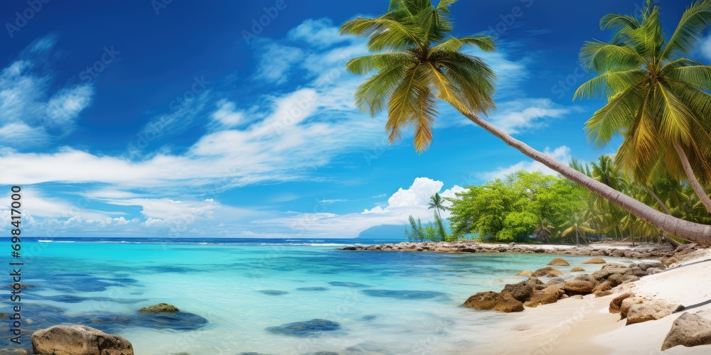 Scenic Coral Beach With Palm Tree, Palm tree On Coral Beach