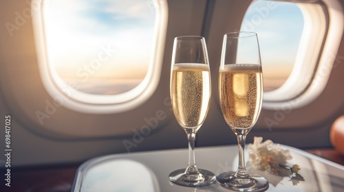 Champagne glasses on the table in the private jet plane. photo