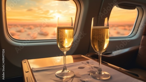 Champagne glasses on the table in the private jet plane. © Tirtonirmolo