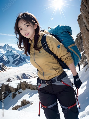 雪の残る山を登山している女性クライマー 腕まくりして斜面を歩いている