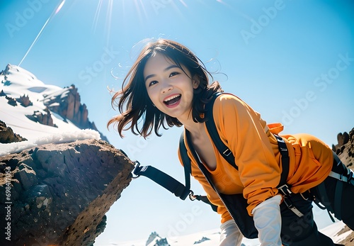 雪の残る山を登山している女性クライマー　岩にロープを固定して笑顔で登る