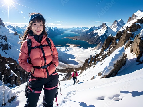 雪の残る山を登山している女性クライマー 手をポケットに入れて立っている