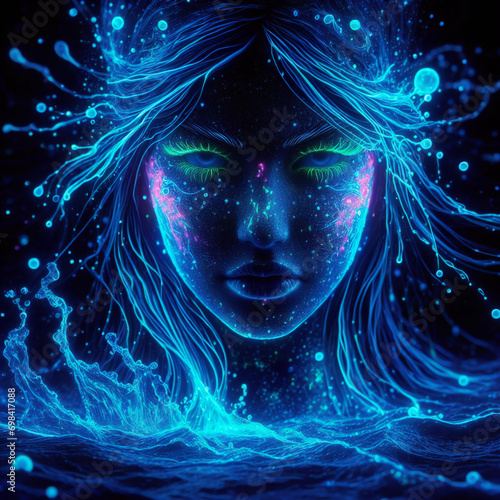 Portrait of a bioluminescent neon glow splash art fantasy woman