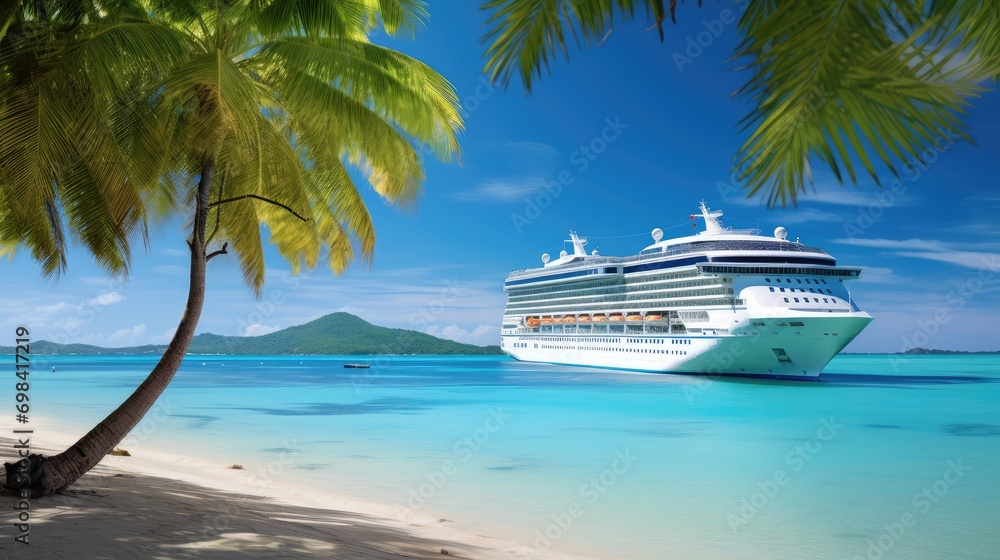 Fototapeta premium Cruise Ship on The Coral Beach With Palm Tree
