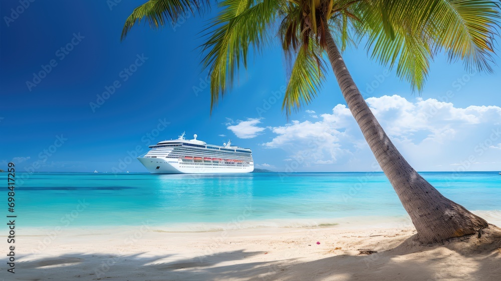 Cruise Ship on The Coral Beach With Palm Tree Cruise Ship on The Coral Beach With Palm Tree