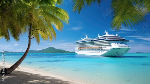 Cruise Ship on The Coral Beach With Palm Tree