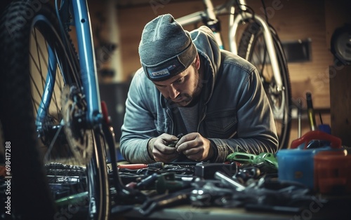 Adult Man Fixing Bike in Garage Filled with Tools