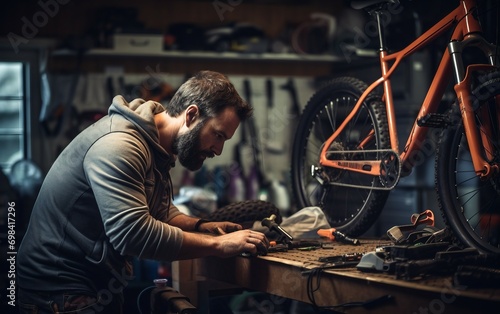Mechanical Task Man Engages in Bike Repair Amid Garage Tools