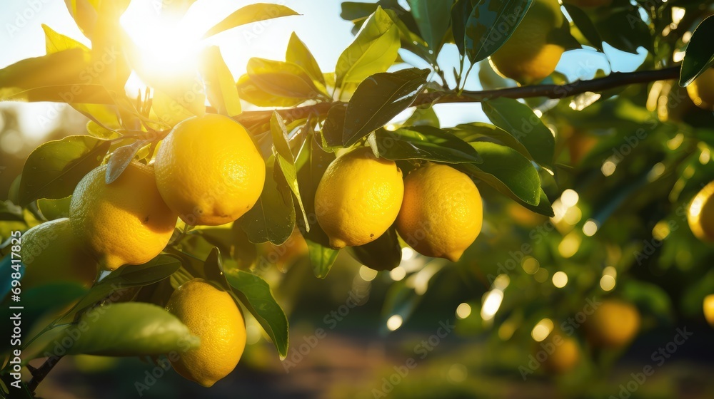 Lemons ready to harvest on the farm. Morning light view. Lemons ready for picking Lemons ready to harvest on the farm. Morning light view. Lemons ready for picking