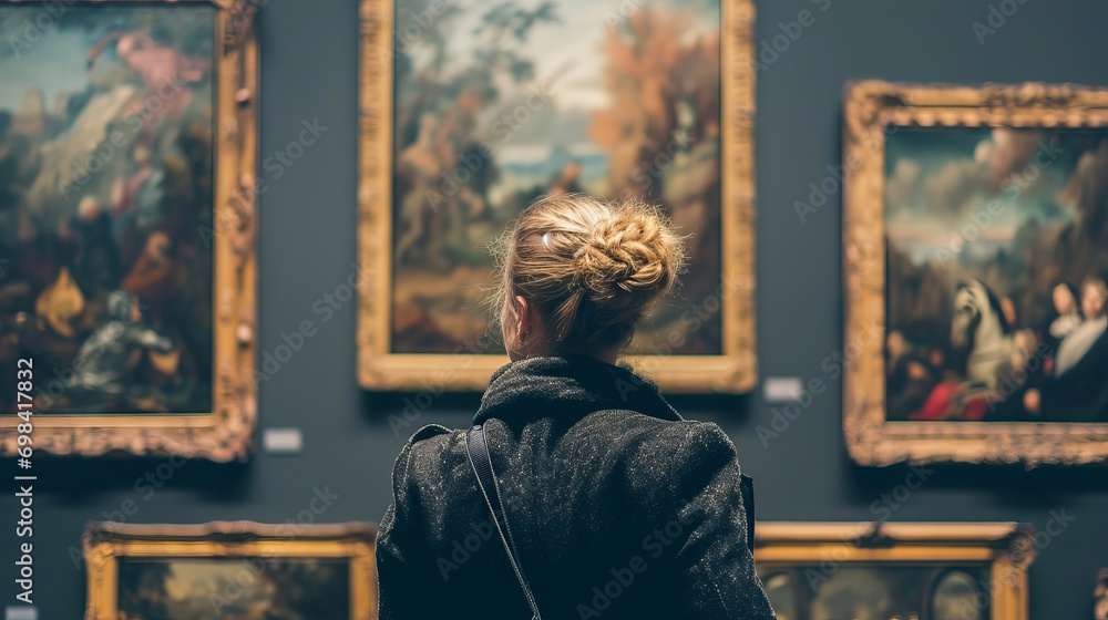 Back portrait of an adult woman looking at museum paintings in an old museum art gallery - obrazy, fototapety, plakaty 