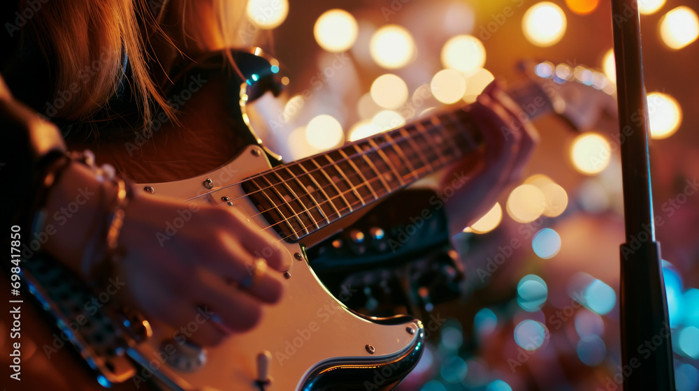 Obraz premium Close-up of hand of a young woman playing the electric guitar