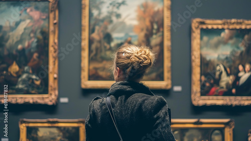 Back portrait of an adult woman looking at museum paintings in an old museum art gallery photo
