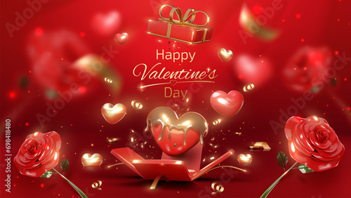 Valentine's day background with heart chocolate in open gift box and gold ribbon elements with glitter light effects decorations and bokeh.