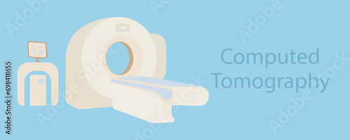 Computed tomography scan. CT scan. Medical diagnostic equipment. Magnetic resonance imaging. Banner for the diagnostic center. Radiation therapy department. Vector illustration. 