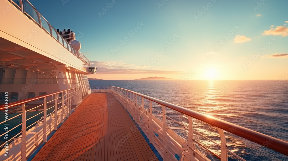 Fototapeta premium Front deck view of cruise ship. Panoramic view of the sea with a beautiful sunset just above the horizon